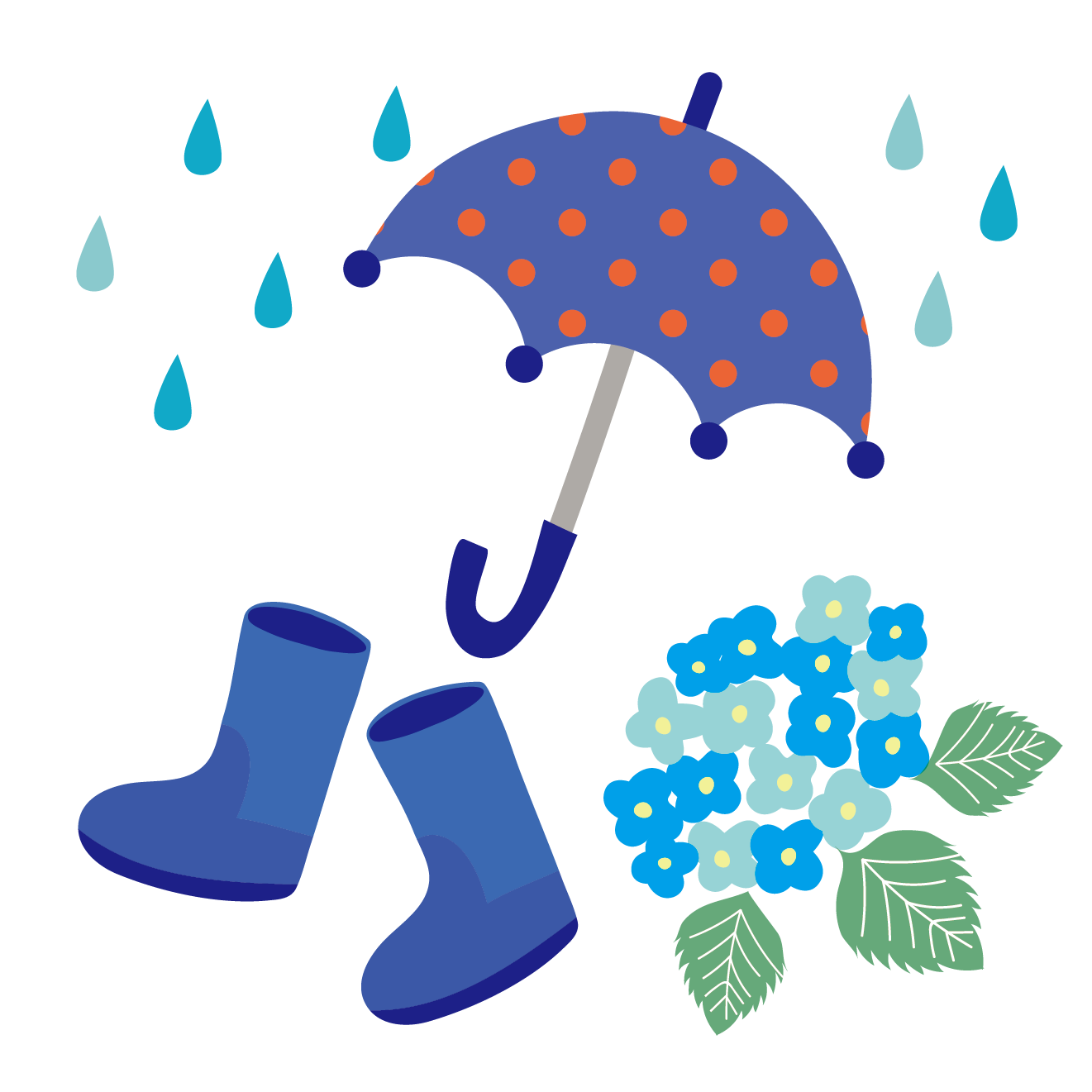 雨と傘と 長靴 レインブーツ と紫陽花のイラスト 青 梅雨 商用フリー 無料 のイラスト素材なら イラストマンション