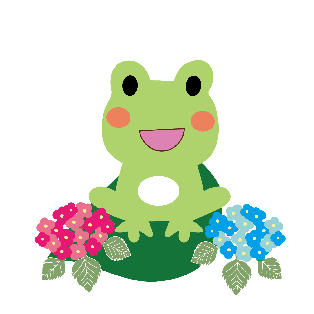ニコニコ蛙 カエル と紫陽花のイラスト 梅雨 商用フリー 無料