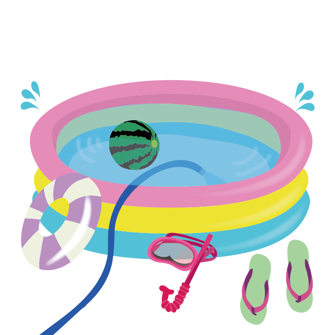 ビニールプールと道具 浮き輪 水中メガネ ビーチボール イラスト