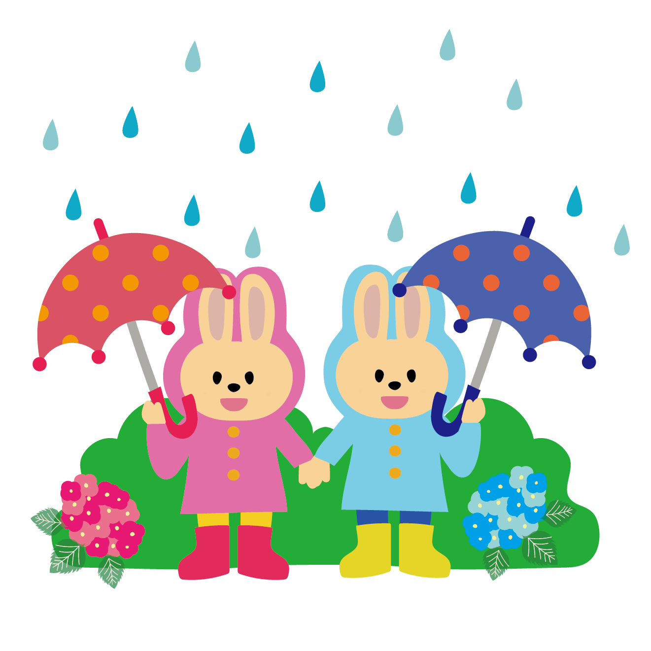 雨の日の登校！傘をさしてレインコートを着たウサギさんのイラスト
