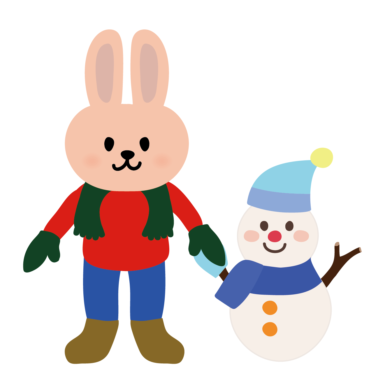かわいい！ウサギ（うさぎ）と 雪だるまの フリー イラスト 