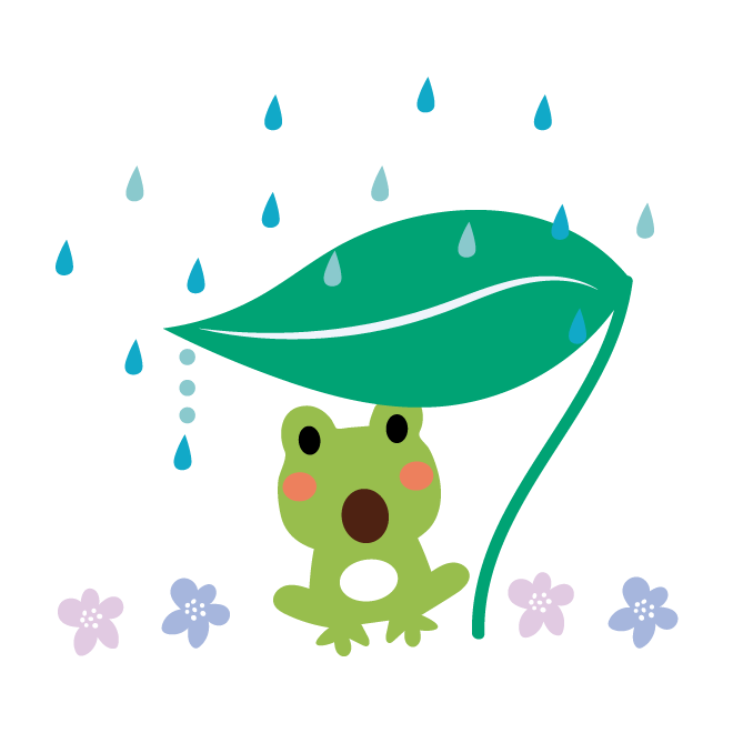 かわいい♪　蛙（カエル）と雨と葉っぱの 無料 イラスト