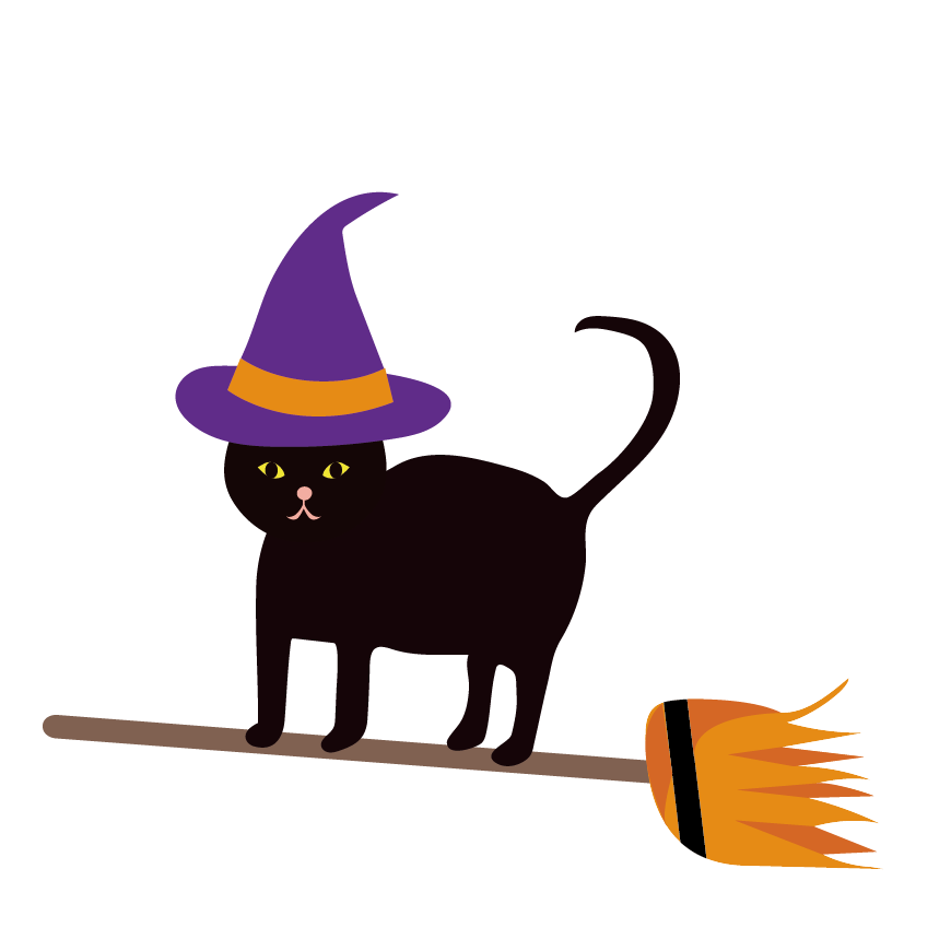 ハロウィン　ホウキに乗った魔女猫（ネコ）の無料 イラスト