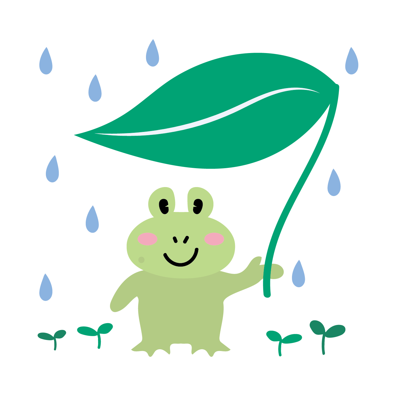 【梅雨】蛙（カエル）と葉っぱ傘の かわいい　無料　イラスト