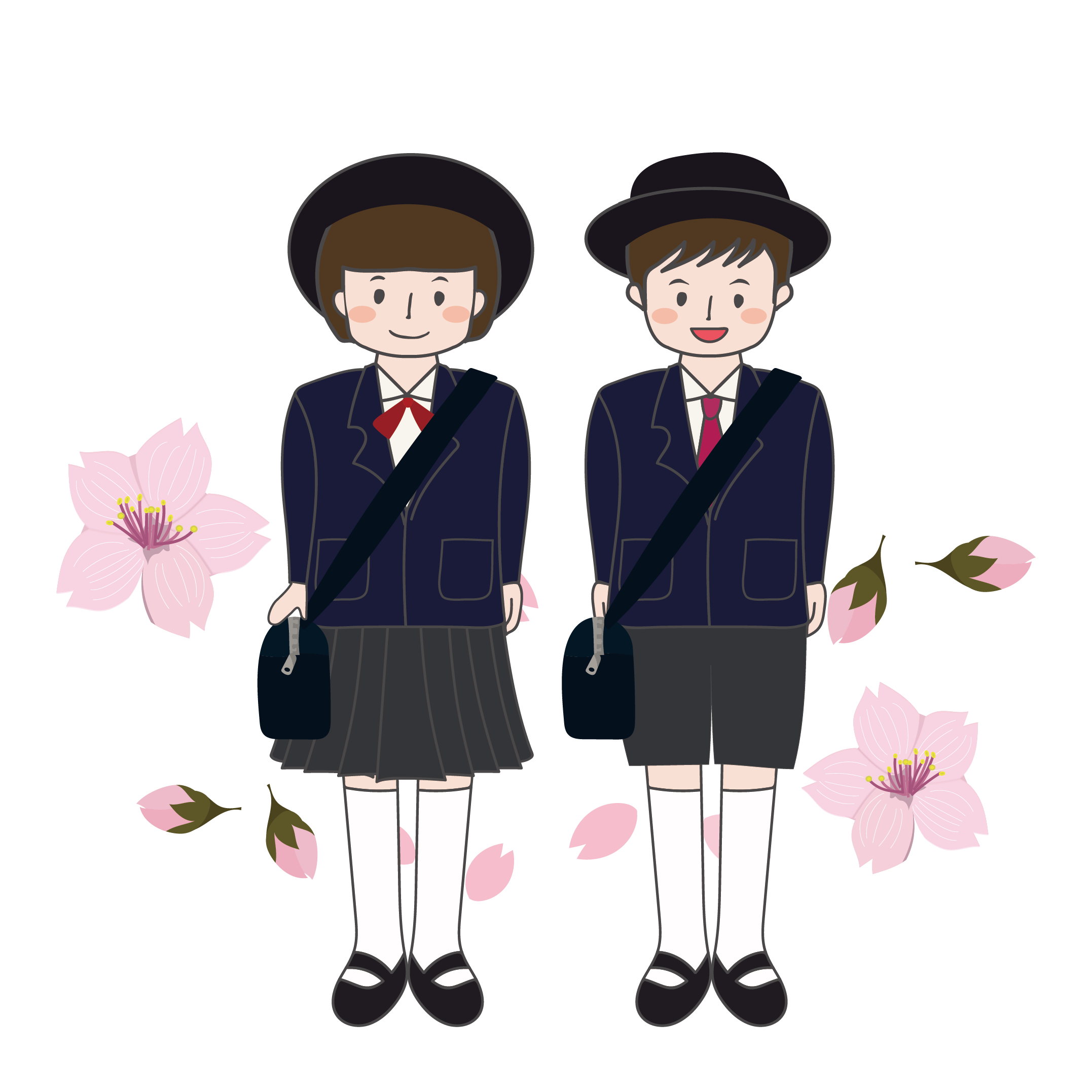 入園式！幼稚園児（男の子,女の子）と桜の 無料 イラスト！