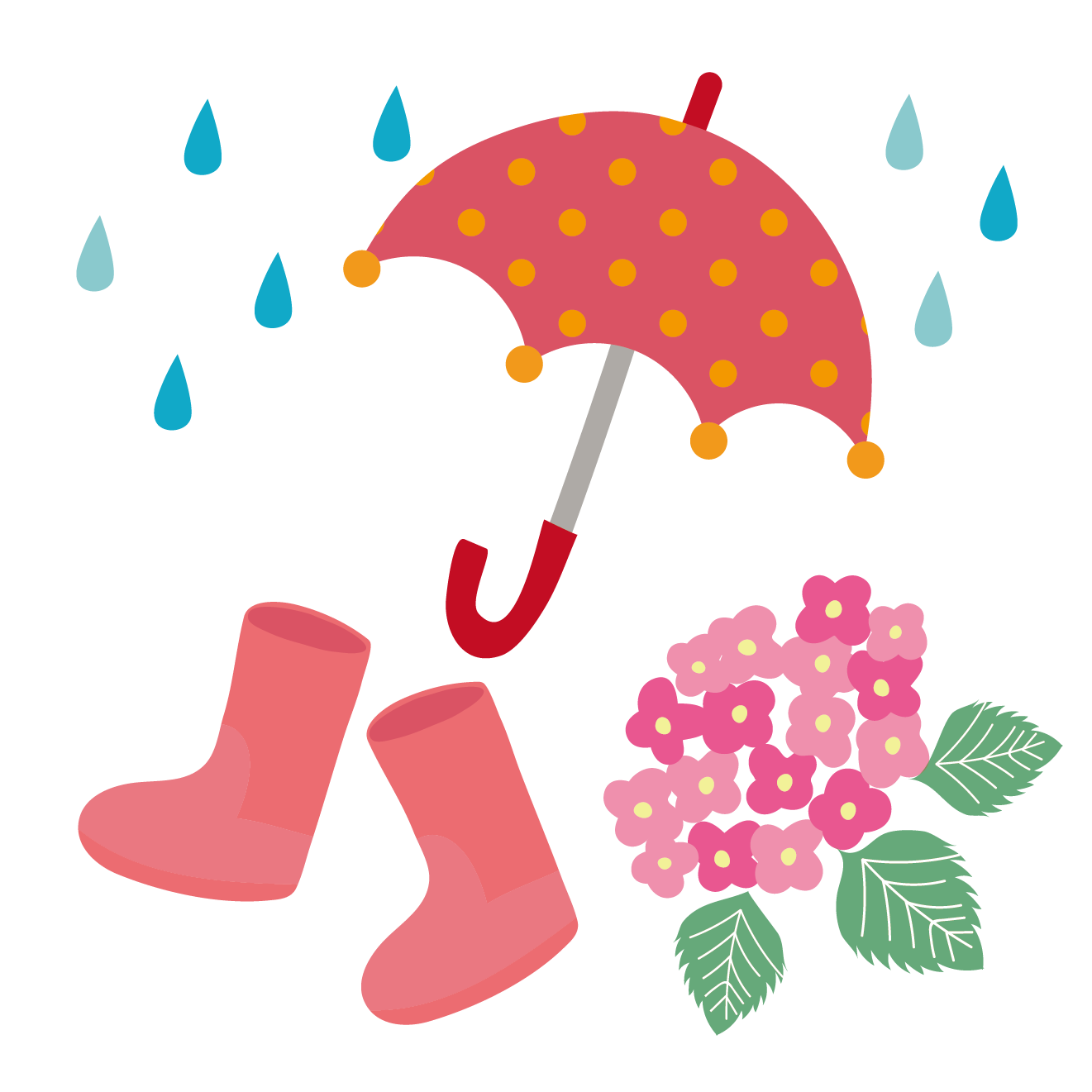 雨と傘と、長靴（レインブーツ）と紫陽花のイラスト・赤【梅雨】