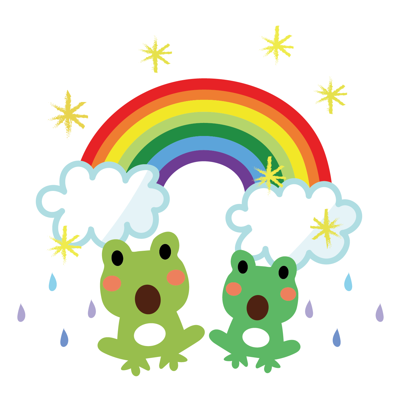 梅雨の日の晴れ間にビックリ！虹とカエル（蛙）のイラスト【梅雨】