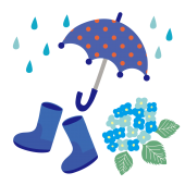 雨と傘と、長靴（レインブーツ）と紫陽花のイラスト・青【梅雨】